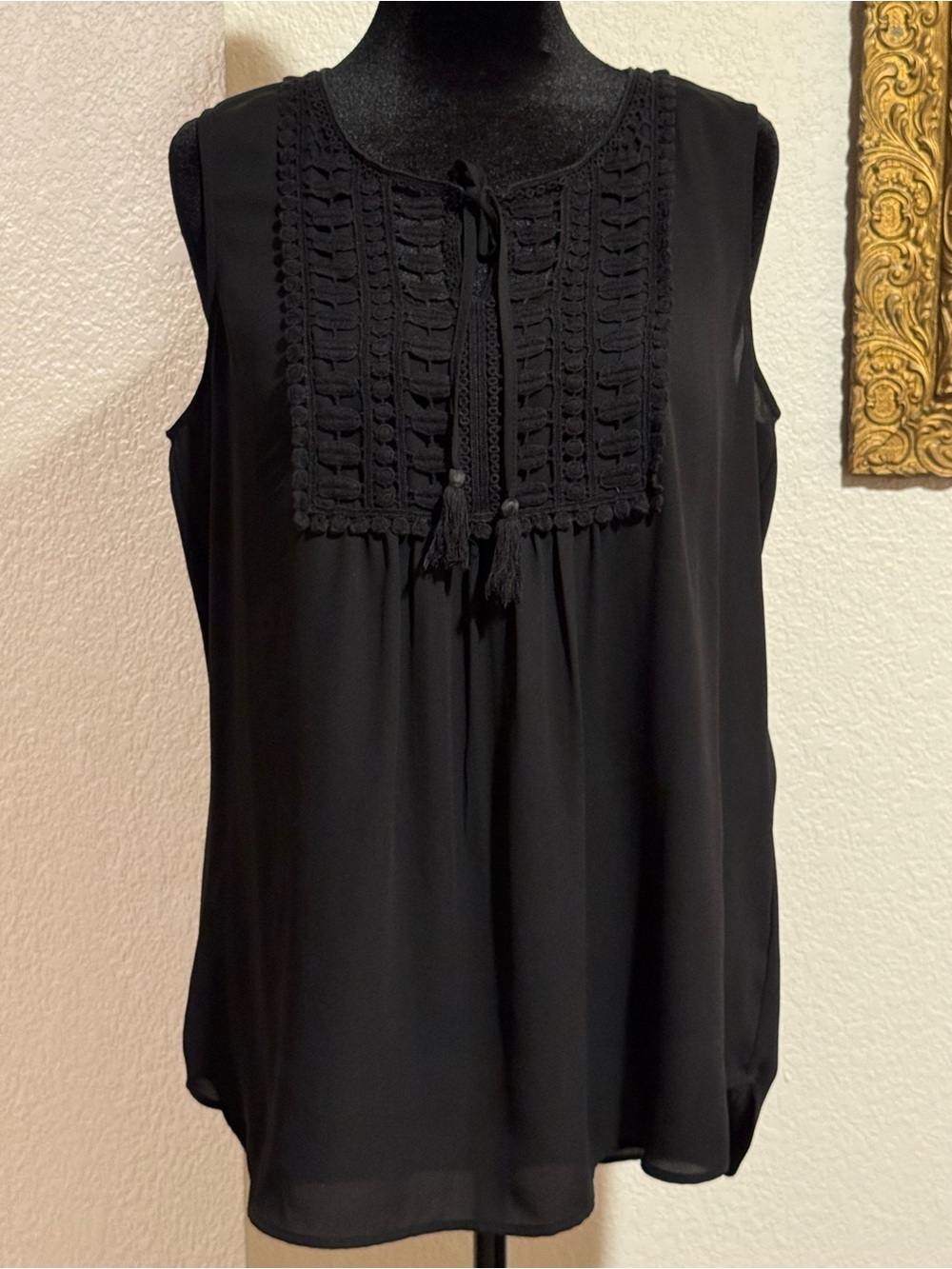 Worthington Black Sleeveless Crochet-Yoke Camisole